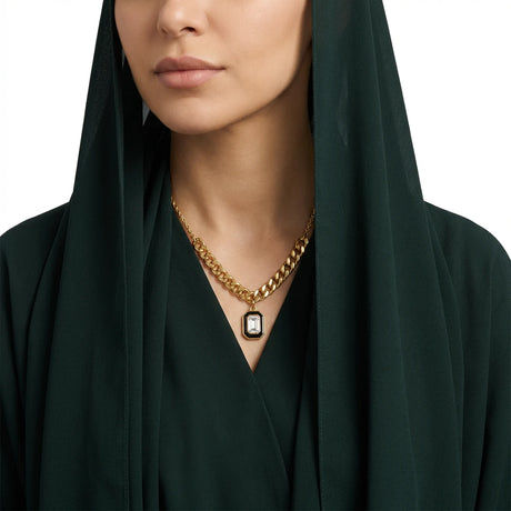 18K Gold Necklace with Geometric Pendant and Paved White Gemstones