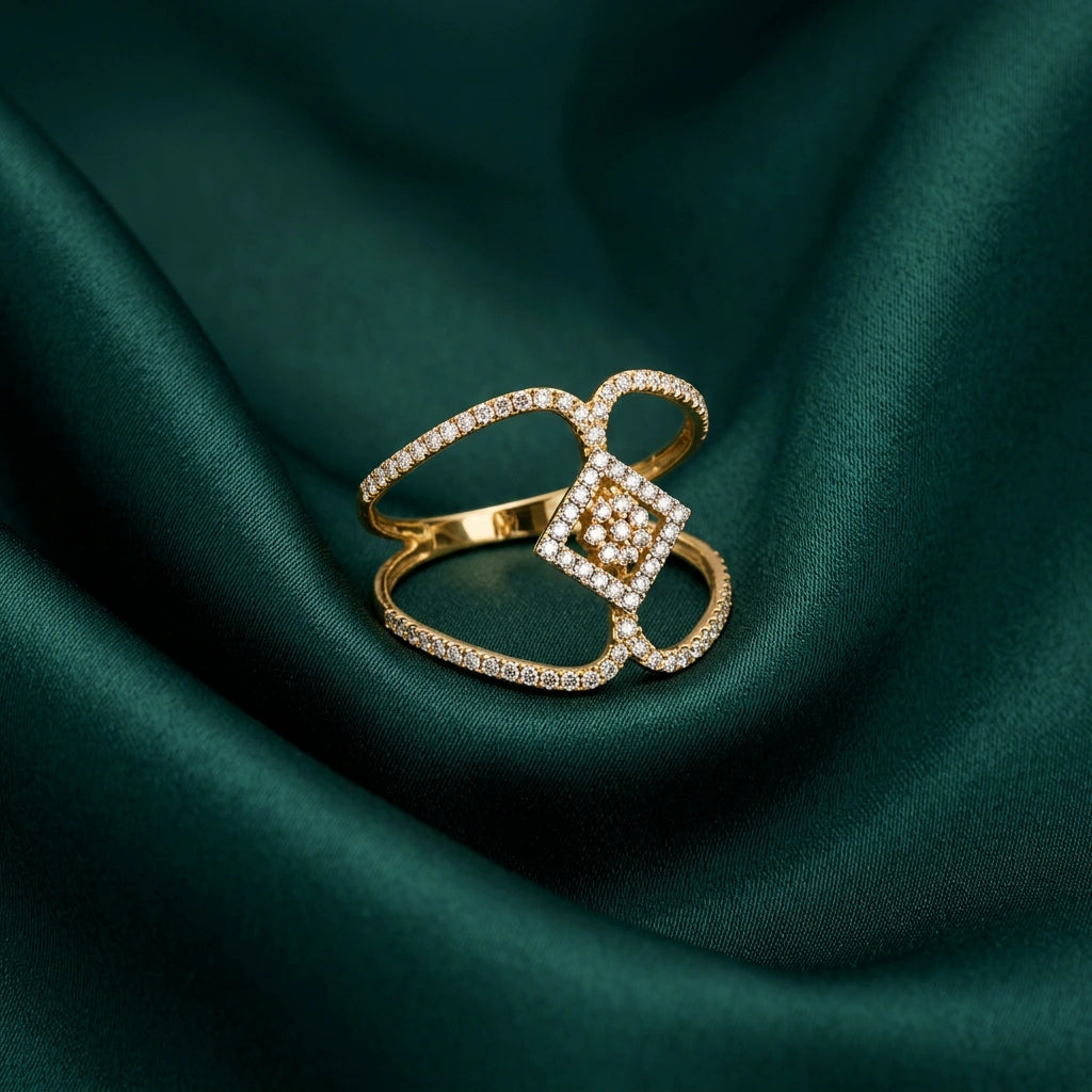 18K Gold Ring with Paved Sparkling Stones Design