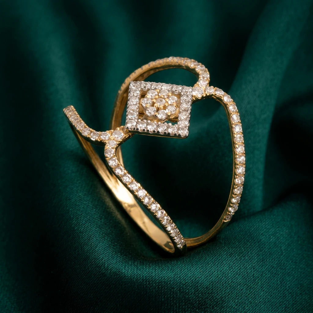 18K Gold Ring with Unique Design and Sparkling Stones