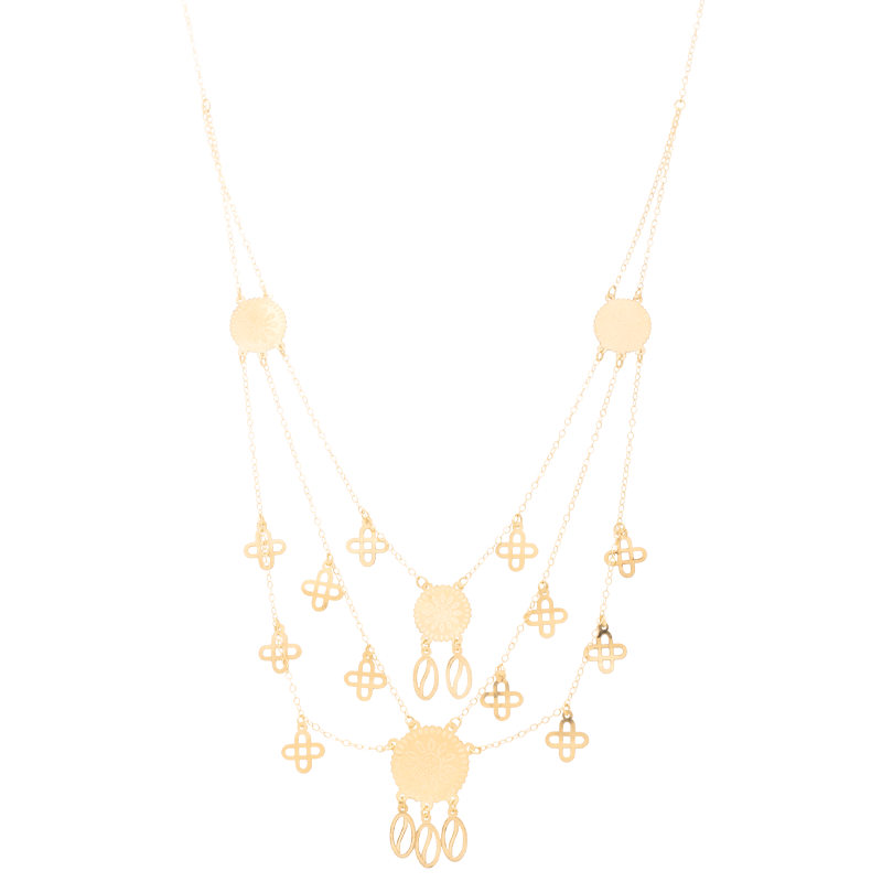 18K Gold Necklace with Interwoven Wires and Chains Design