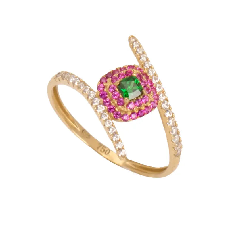 18K Gold Cross Ring with Central Colorful Gemstone