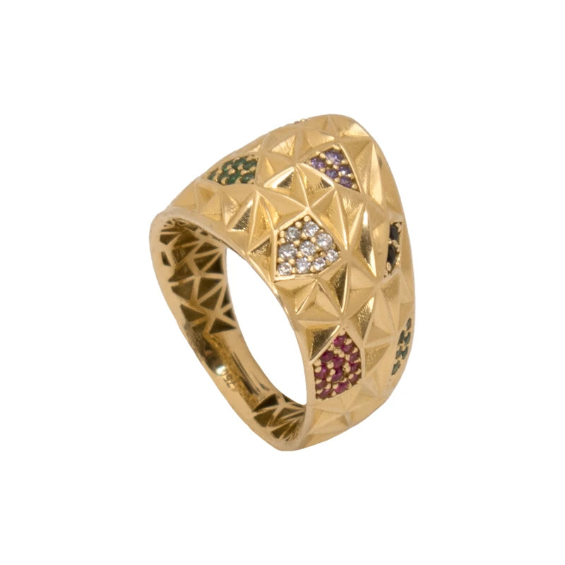 18K Gold Ring with Ornate Design and Colorful Gemstones
