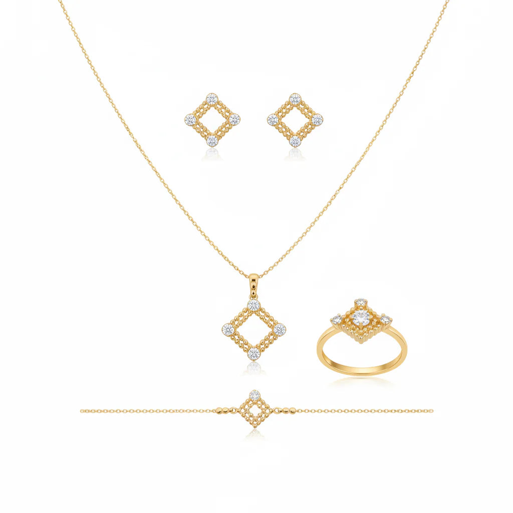 18K Gold Set with Shining Gemstones and Geometric Design