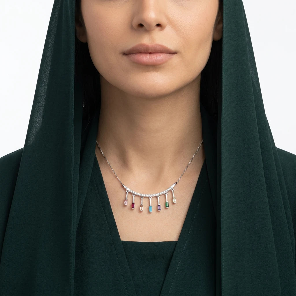 18K Gold Necklace with Colorful Dangling Pendants