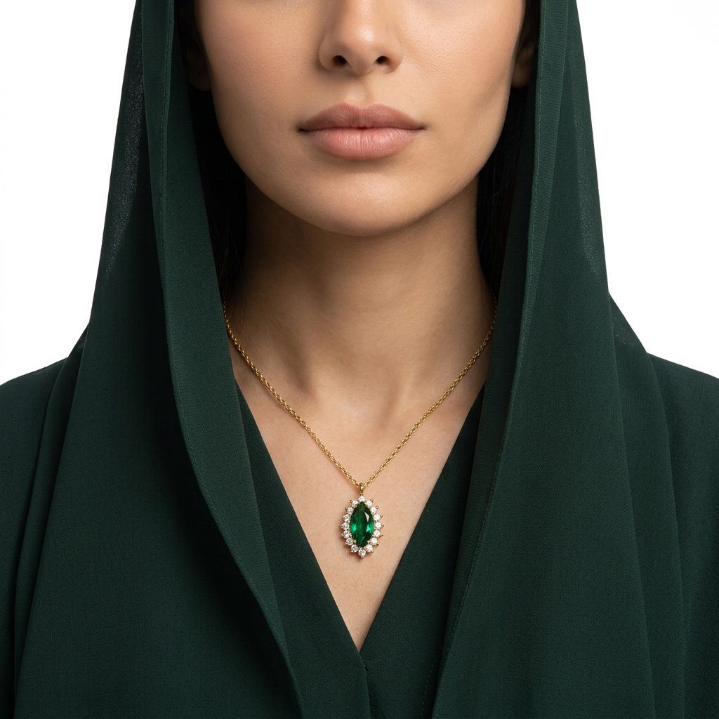 عقد عيار 18 بتعليقة مرصعة بحجر أخضر