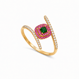 18K Gold Cross Ring with Central Colorful Gemstone