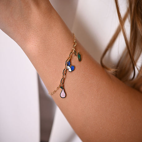 18K Gold Bracelet with Dangling Colorful Shapes