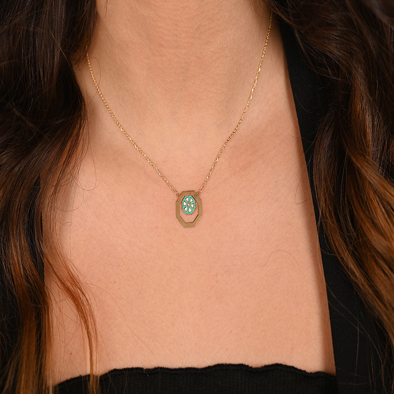 18K Gold Sugar Cube Necklace with Turquoise Geometric Design