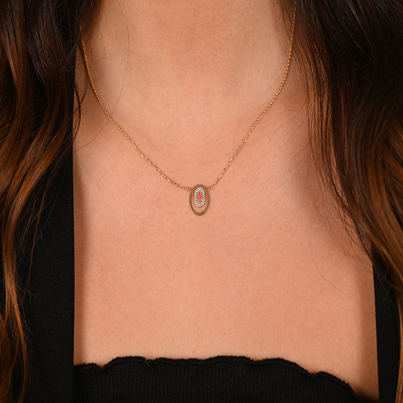 18K Gold Necklace with Pink Oval Pendant