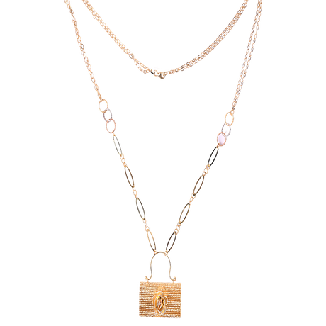 18K Gold Necklace with Bag Design Decorated with Colorful Stones