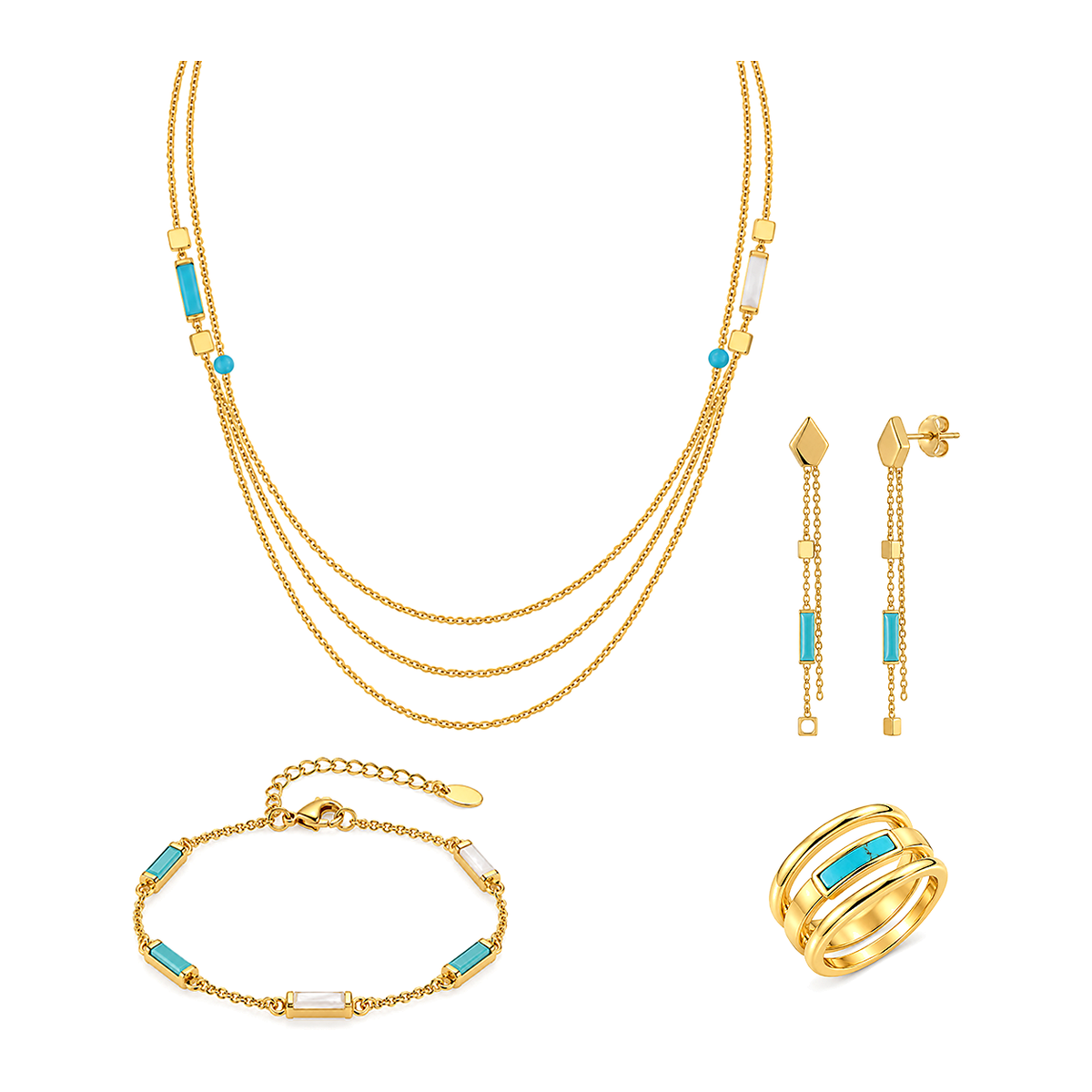 18K Gold Set with Triple Chain and Turquoise Bars