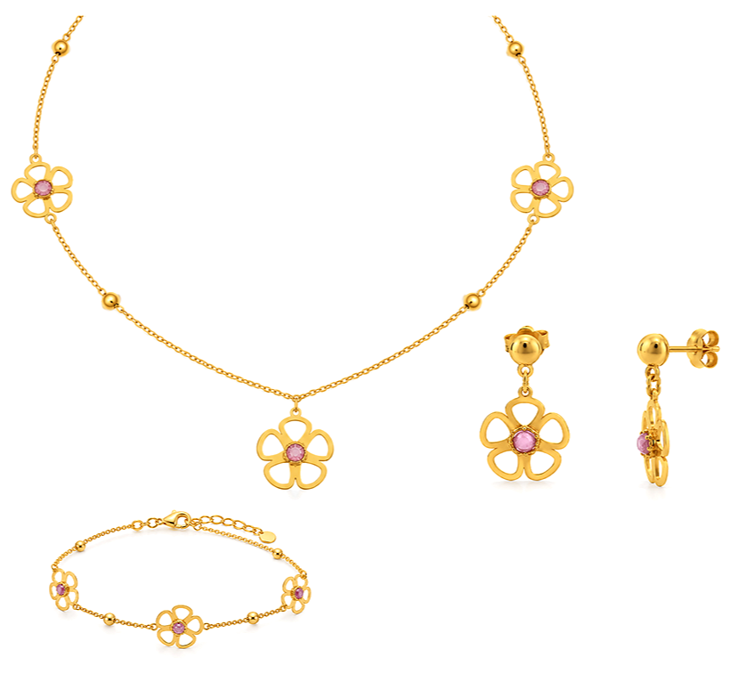 18K Gold Kids Set with Floral & Pink Stone