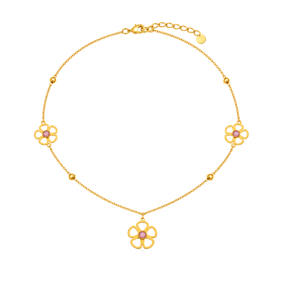 18K Gold Kids Set with Floral & Pink Stone