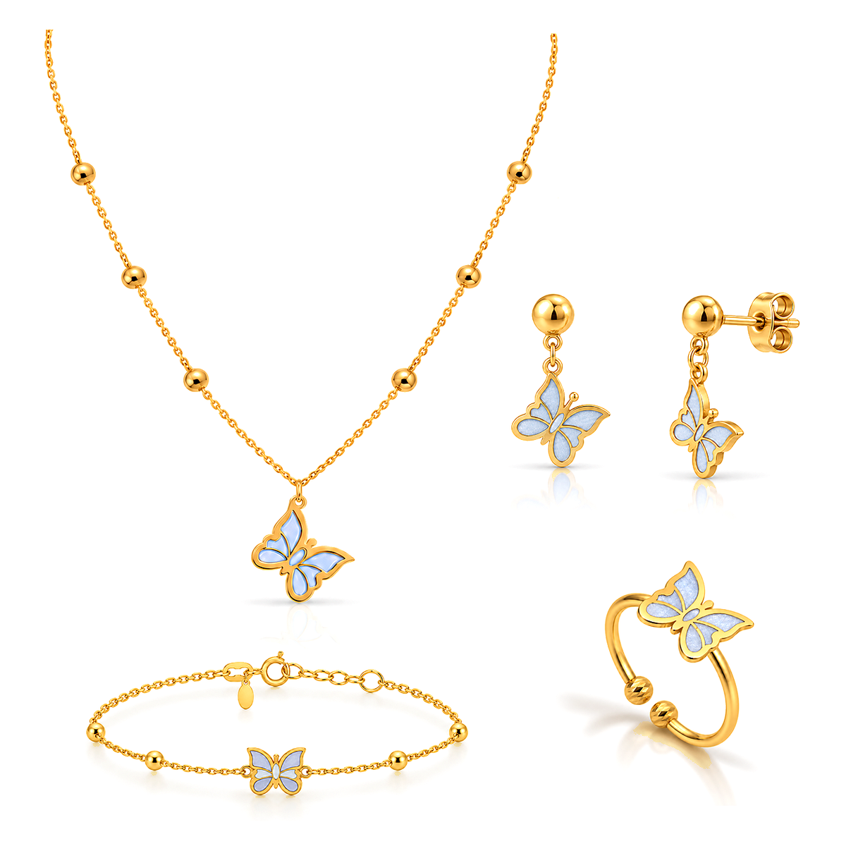 طقم ذهب عيار 18 للأطفال بتصميم فراشة مع كرات