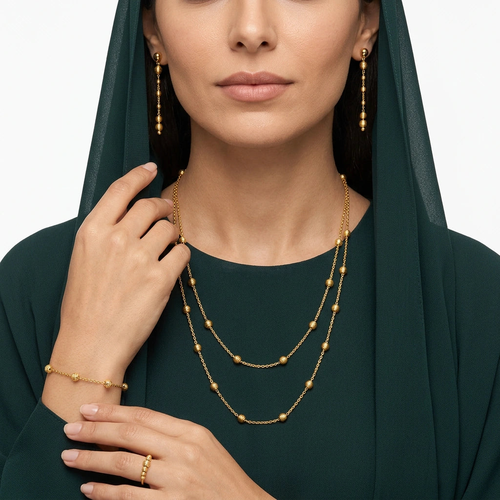 طقم ذهب عيار 21 بتصميم سلسلة طويلة بطبقتين