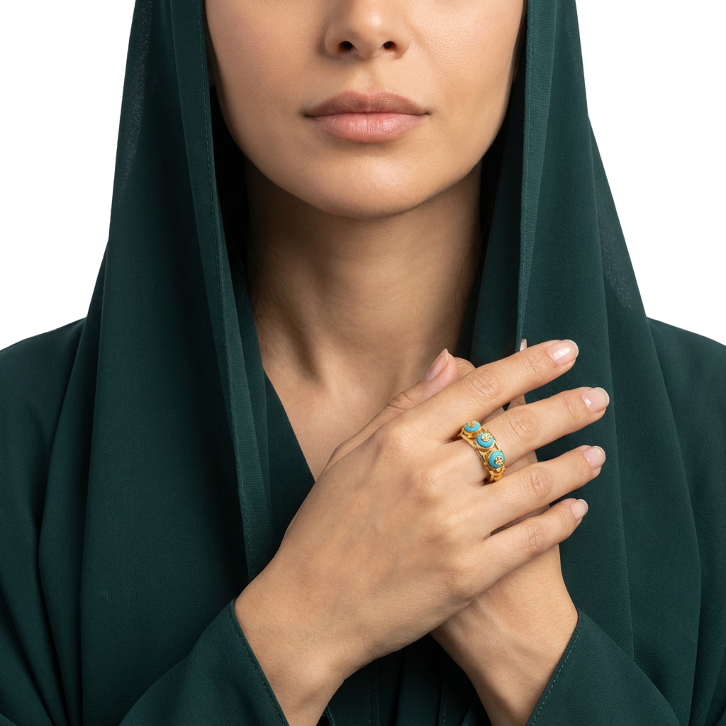21K Gold Ring Paved with Three Turquoise Stones