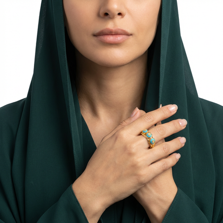 21K Gold Ring Paved with Three Turquoise Stones