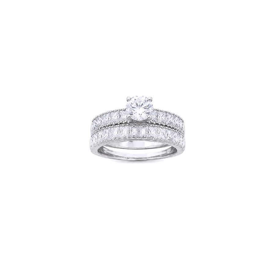 18K White Gold Ring with Twins Two Layer Shiny Stones Design