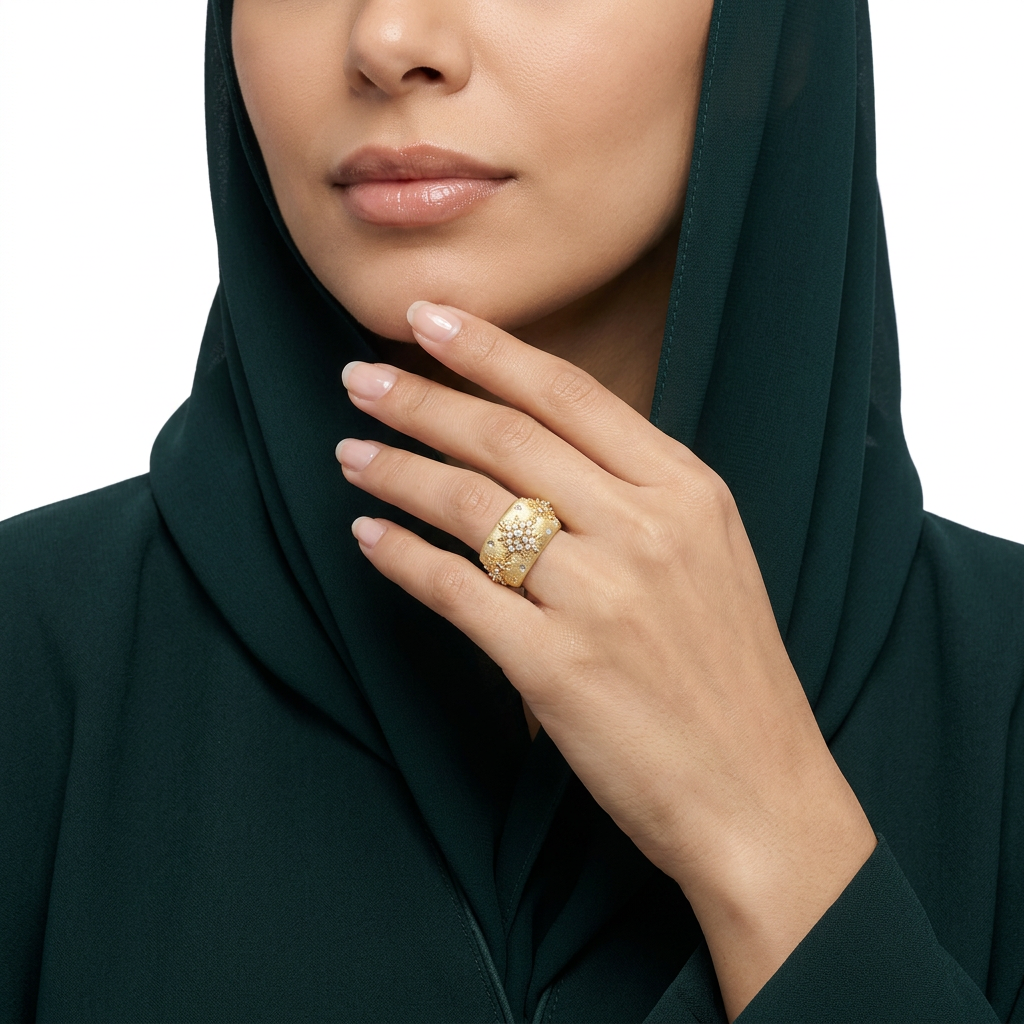 خاتم ذهب عيار 18 بنقوش زهرية مرصعة