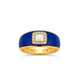 18K Gold Ring with Wide Color Square Embellished Stone Design In Blue