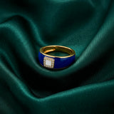 18K Gold Ring with Wide Color Square Embellished Stone Design In Blue