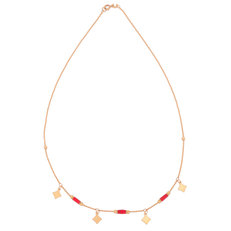 18K Gold Necklace with Square Charms and Red Stones