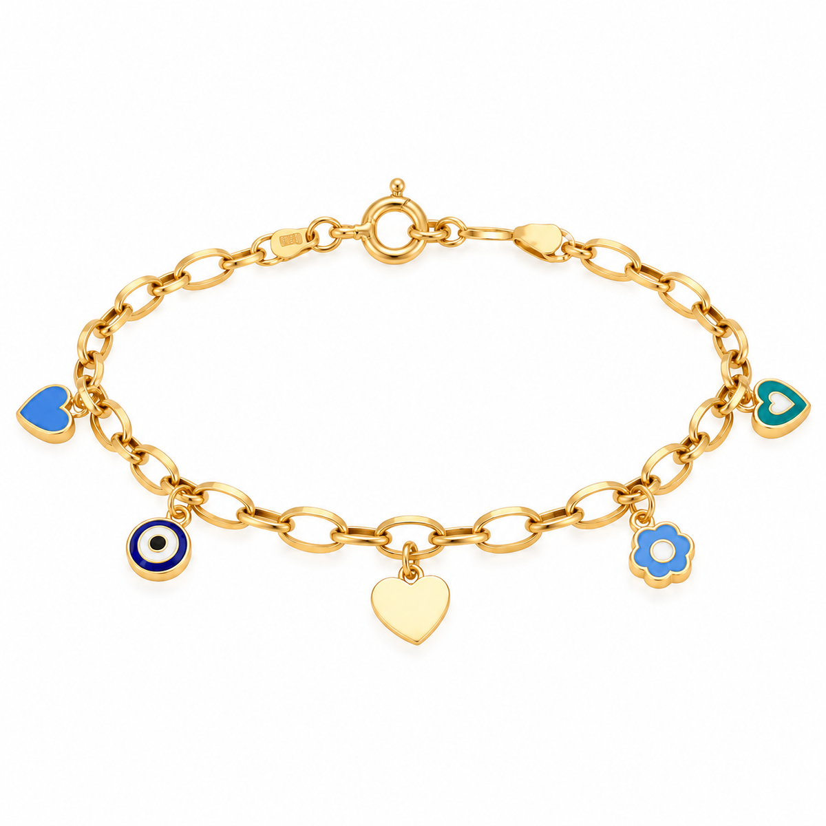 18K Gold Chain Bracelet Flowers and Hearts Design