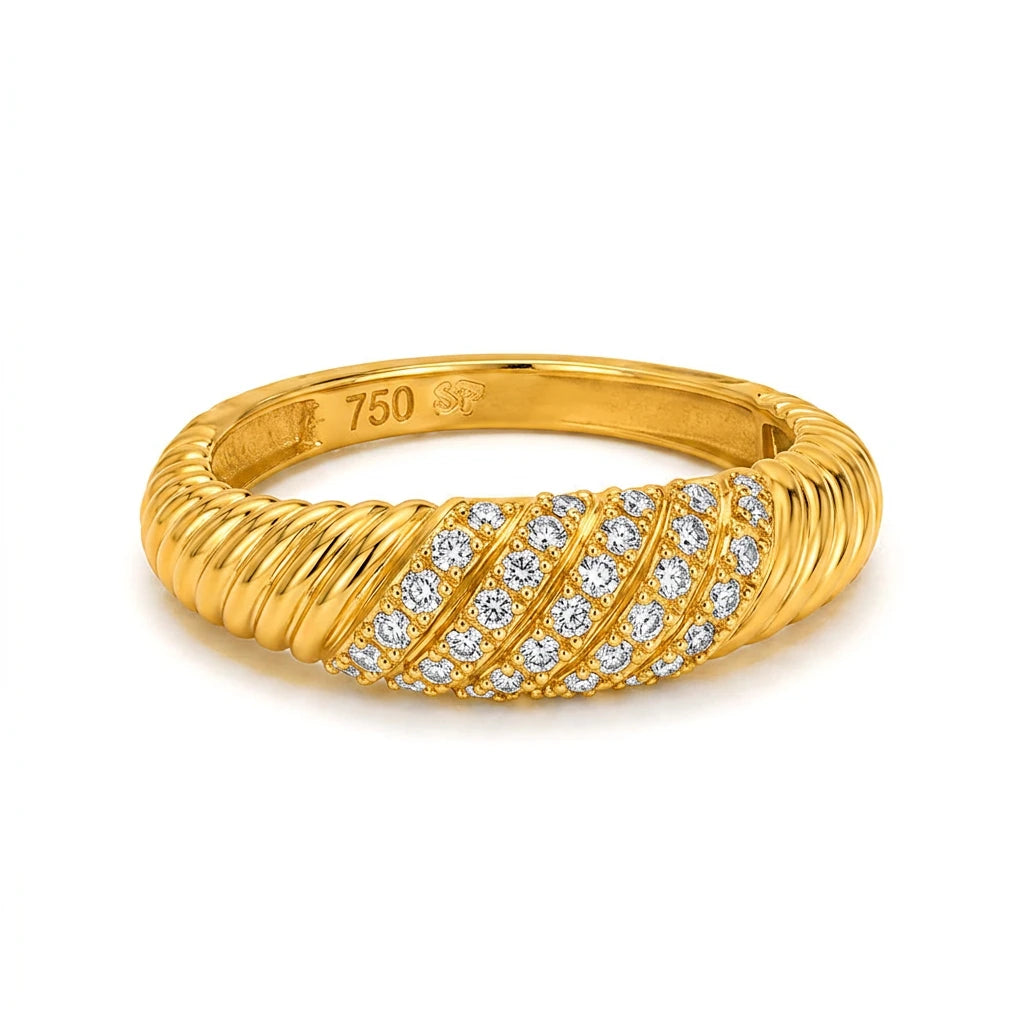 18K Gold Ring with Paved Twisted Design