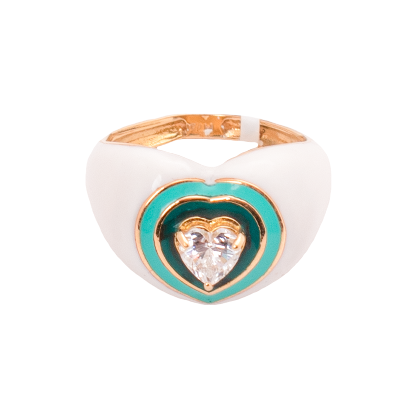 18K Gold Ring with Heart Design Inlaid Green