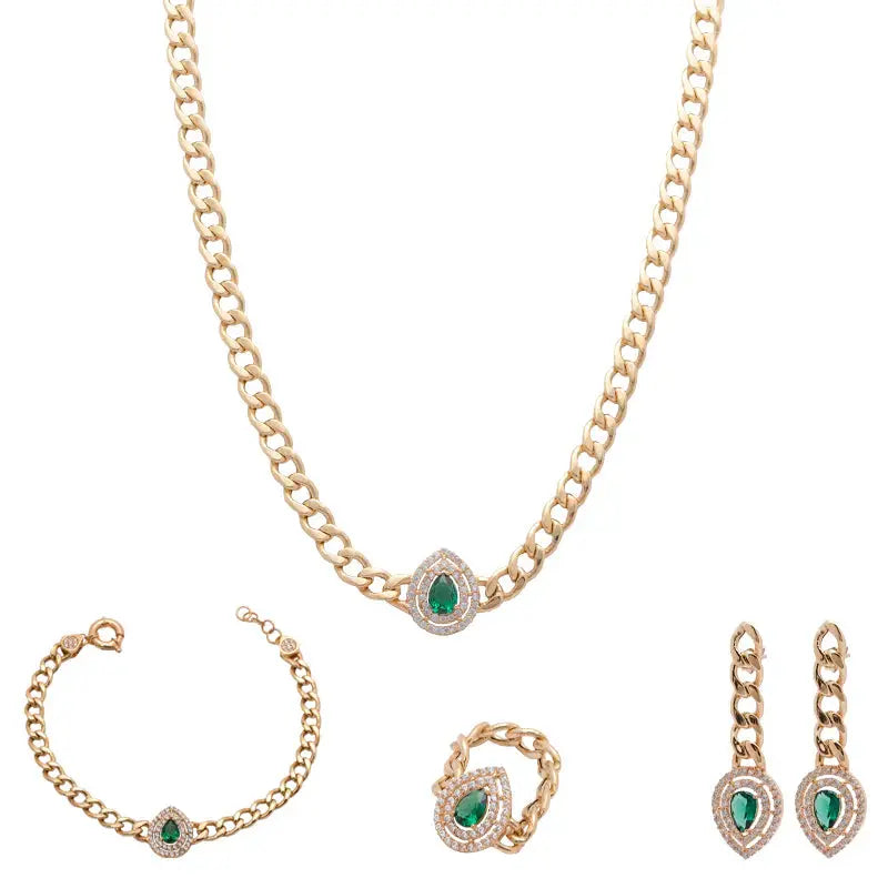 18K Gold Set with A Green Stone Chain Design