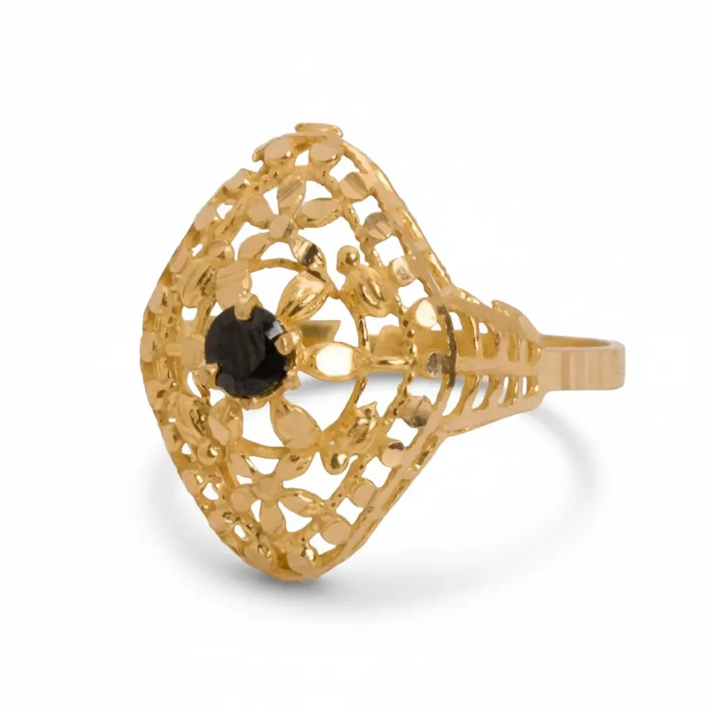 21K Gold Ring with Ornate Design and Black Stone