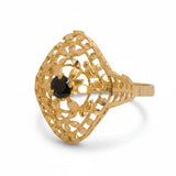21K Gold Ring with Ornate Design and Black Stone