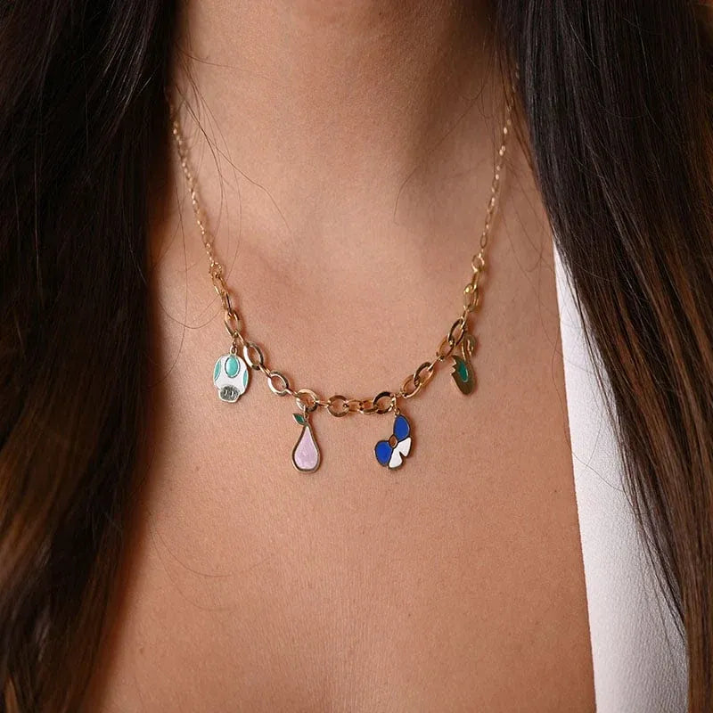 18K Gold Necklace with Youthful Look and Colorful Charms