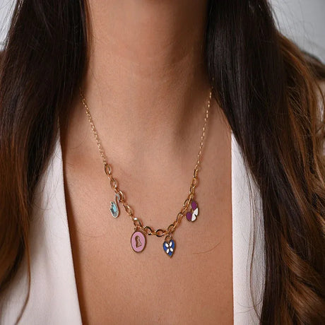 18K Gold Necklace with Assorted Colorful Charms