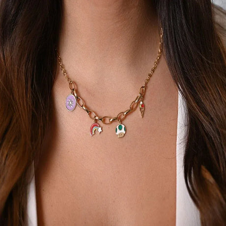 18K Gold Necklace with Rainbow Charms and Colorful Icons