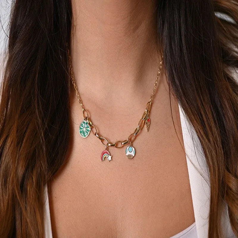 18K Gold Necklace with Playful Color Charms