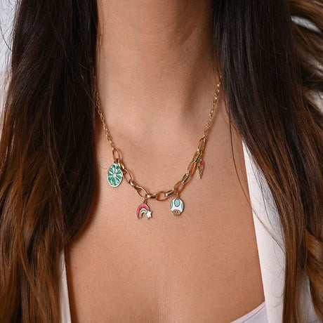 18K Gold Necklace with Playful Color Charms