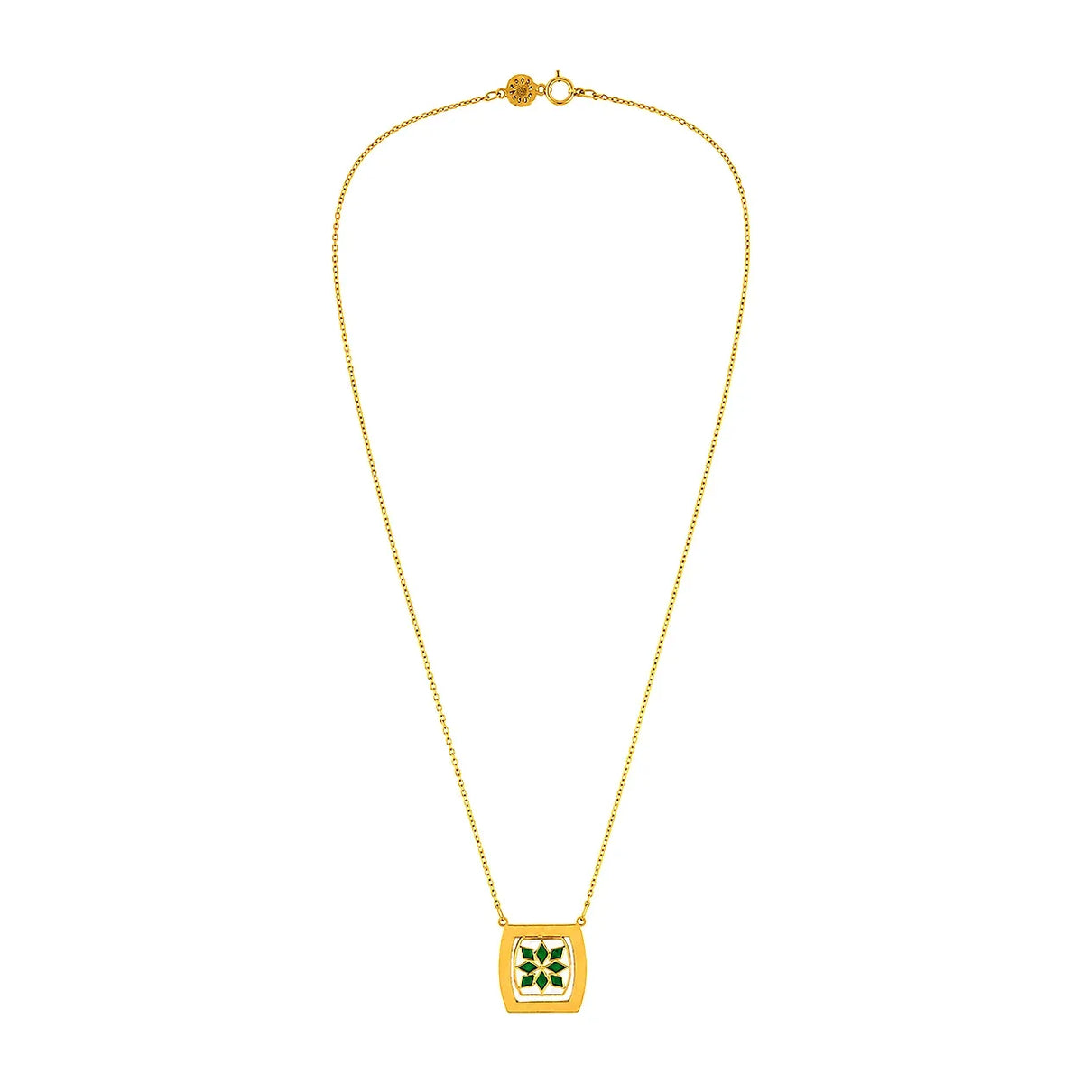 18K Gold Necklace with Floral Sqaure Pendant