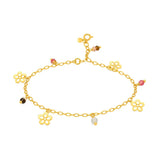 18K Gold Anklet with Flower Charms and Colored Stones