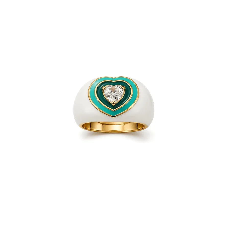 18K Gold Ring with Heart Inlaid Design In Green