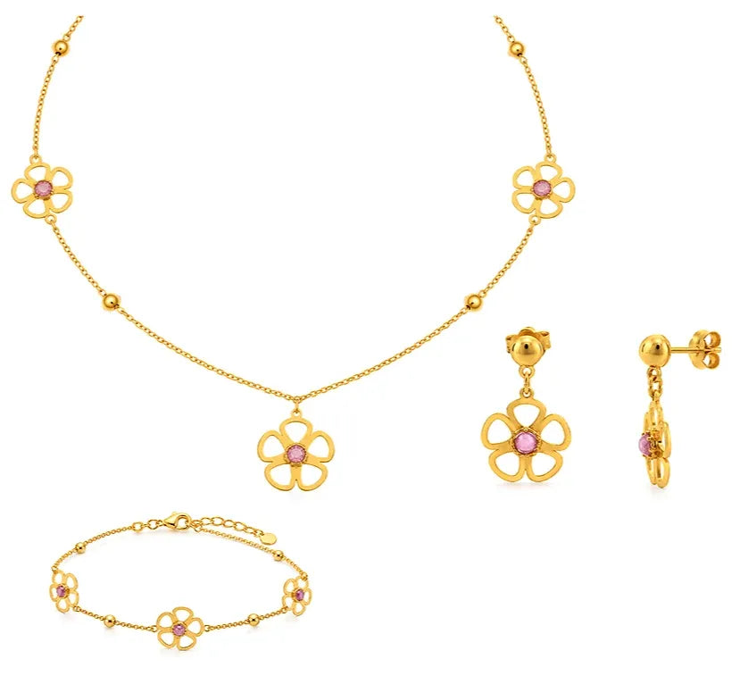 18K Gold Kids Set with Flower Design and Pink Stone